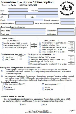 Formulaire d'inscription 2026-2027